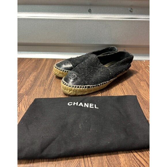 Chanel Black Lambskin Leather And Sequence Espadrilles Size 38 CC Logo